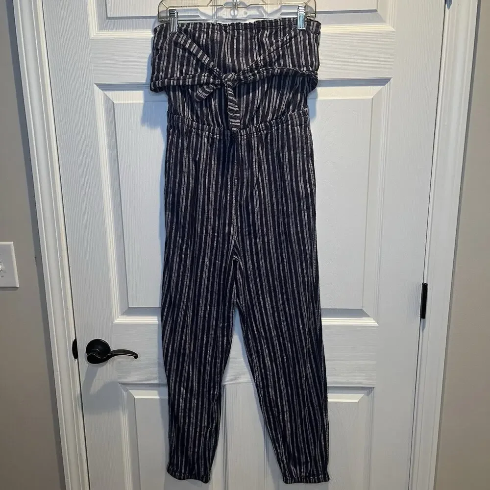 Aerie Jumpsuit Medium Blue/White Strapless Jogger Style 100% Cotton Pockets - Picture 2 of 7